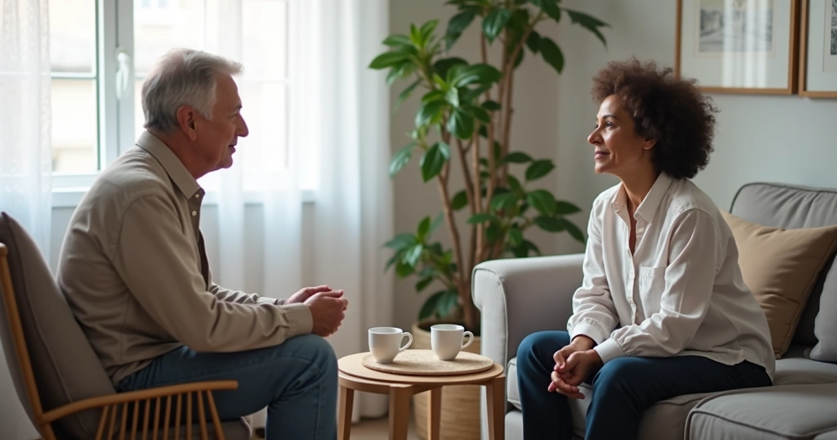 Duas pessoas conversando com expressão serena em ambiente interno 
