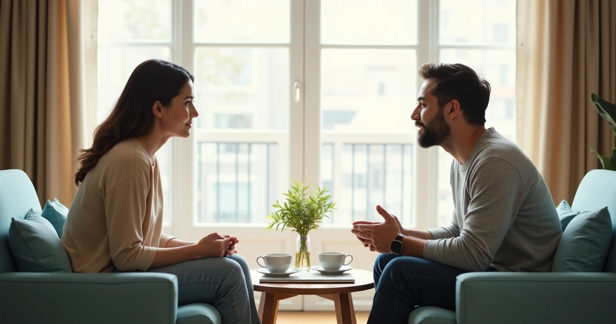 Duas pessoas conversando com calma em uma sala clara 
