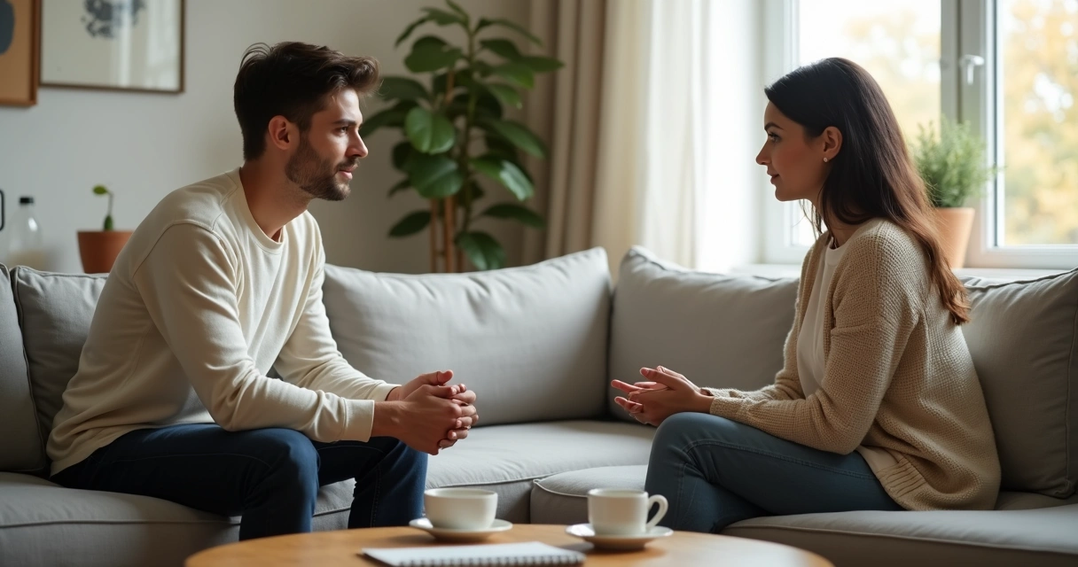 Casal conversando com calma em uma sala iluminada