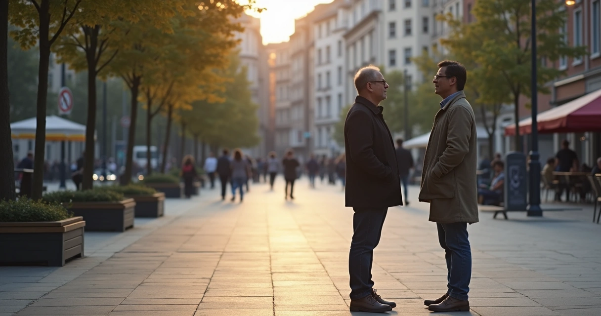 Duas pessoas conversando com calma em praça urbana