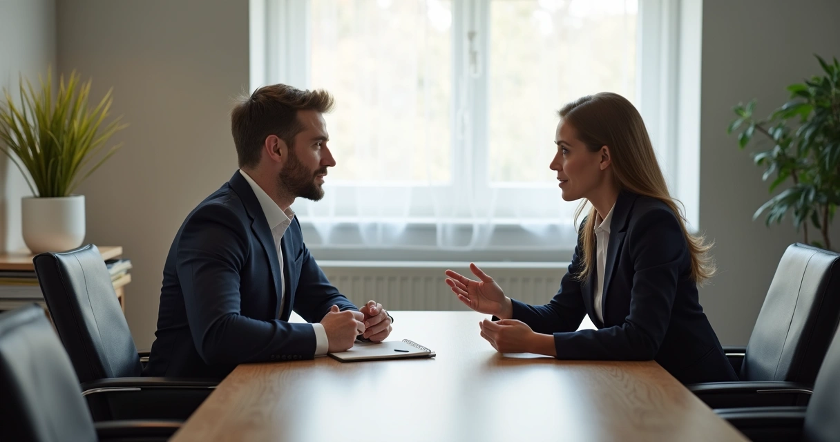 Colegas conversando respeitosamente em uma sala de reunião 