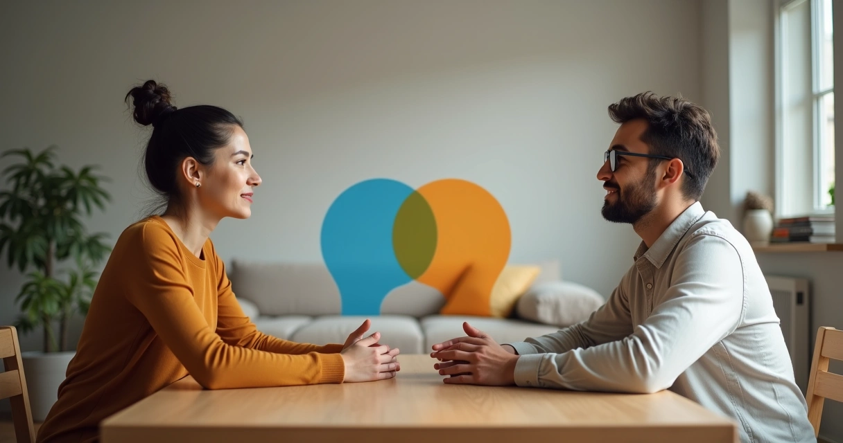 Duas pessoas dialogando com calma em lados opostos de uma mesa, mantendo conexão apesar das diferenças 