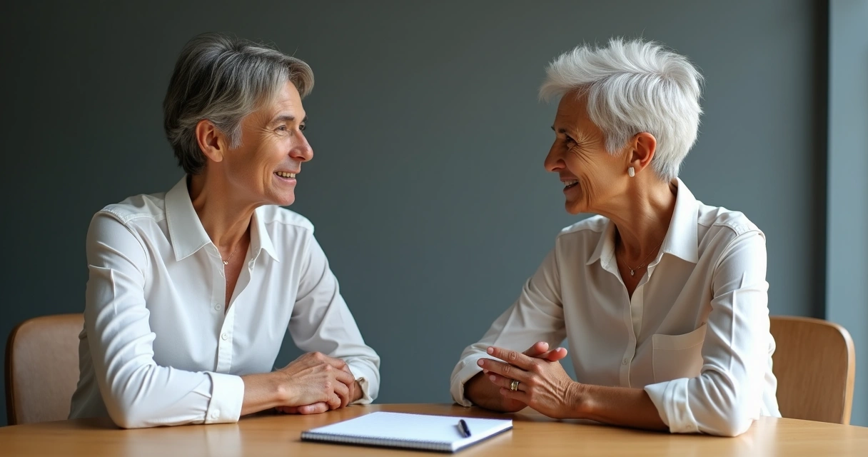 Duas pessoas conversando com diferença de idade e cor de pele, sentadas em mesa com caderno entre elas