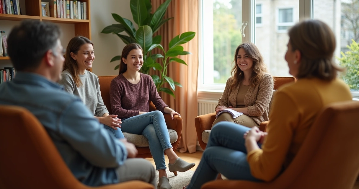 Grupo pequeno sentado em roda conversando de maneira respeitosa 