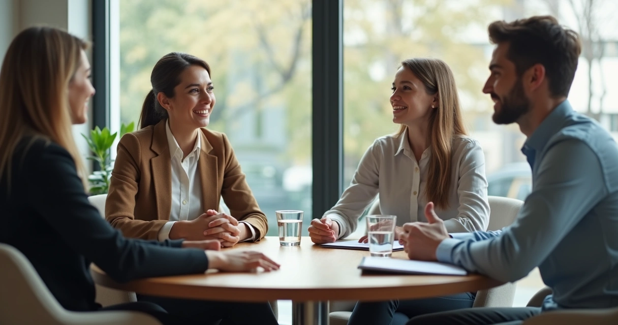 Duas pessoas conversando em mesa de reunião com postura atenta