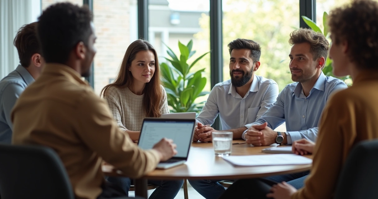 Equipe de trabalho conversando em círculo em uma sala iluminada. 