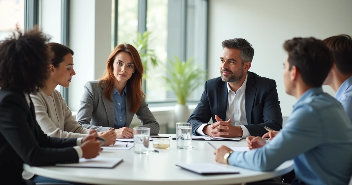 Grupo em conversa atenta durante reunião com ambiente claro 