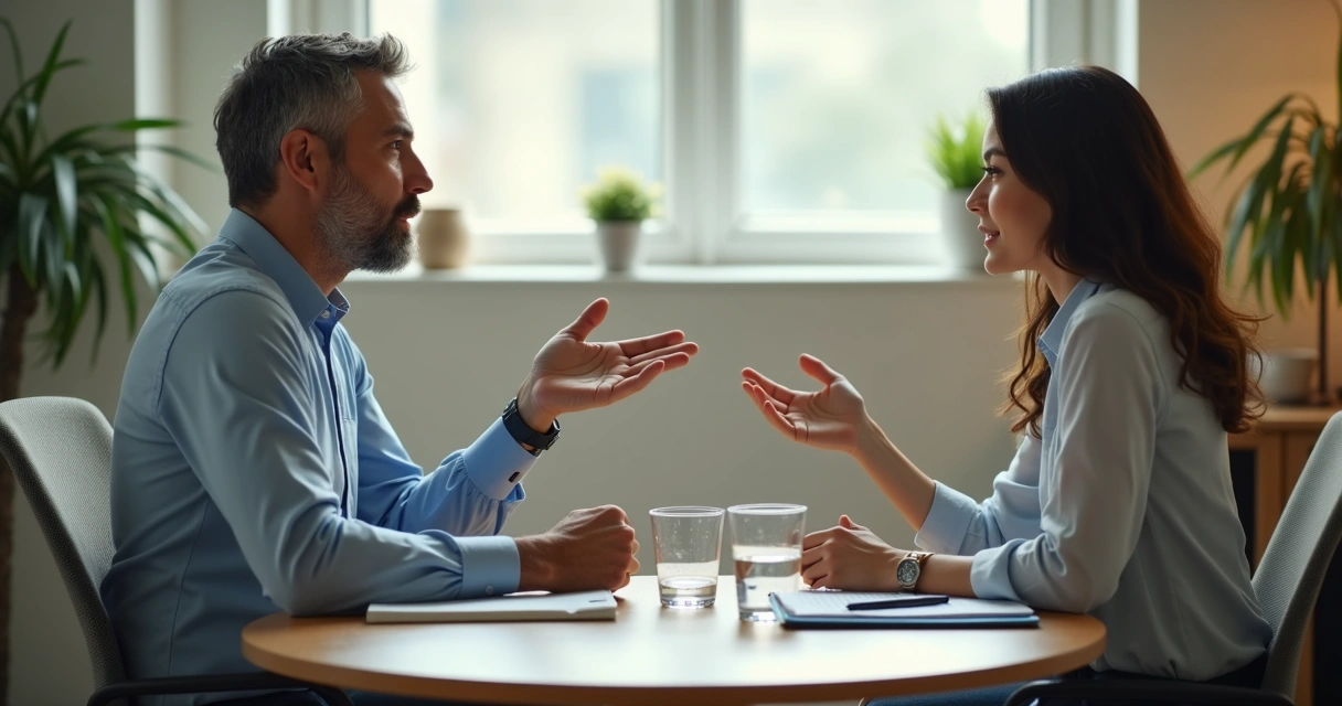 Duas pessoas conversando com escuta atenta em ambiente de trabalho