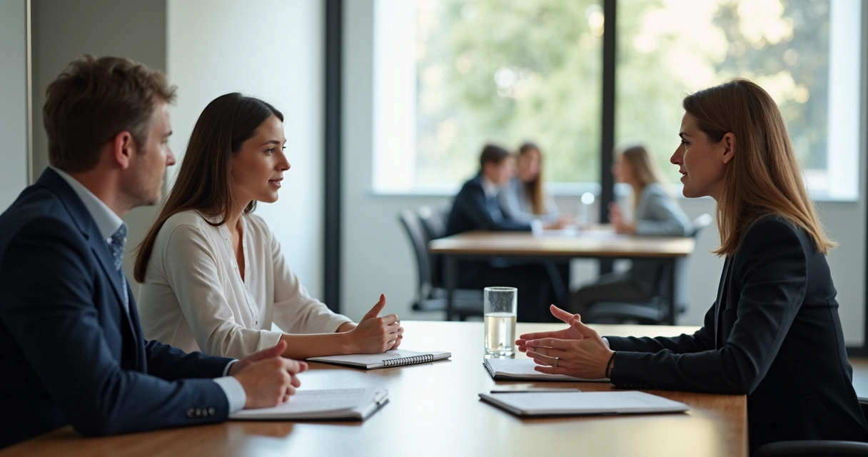Duas pessoas conversando com calma em mesa de reunião
