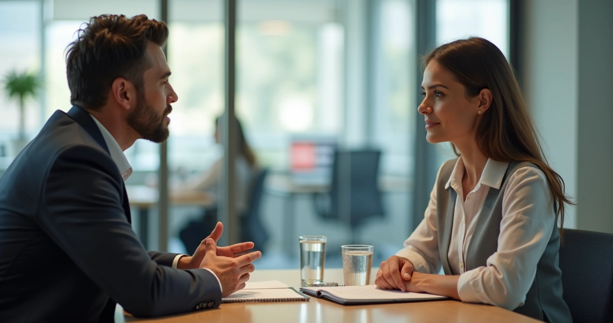 Duas pessoas conversando com respeito no escritório