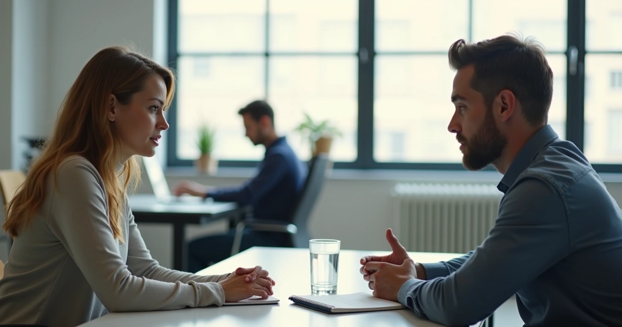 Duas pessoas conversando com calma em uma mesa de trabalho 