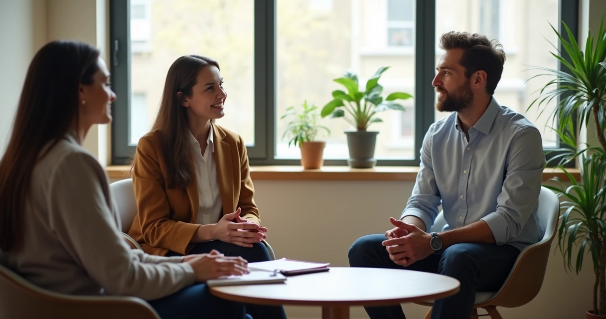 Três colegas conversando com respeito em ambiente de trabalho 