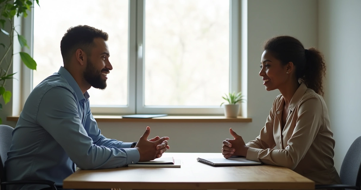 Duas pessoas em conversa respeitosa de feedback