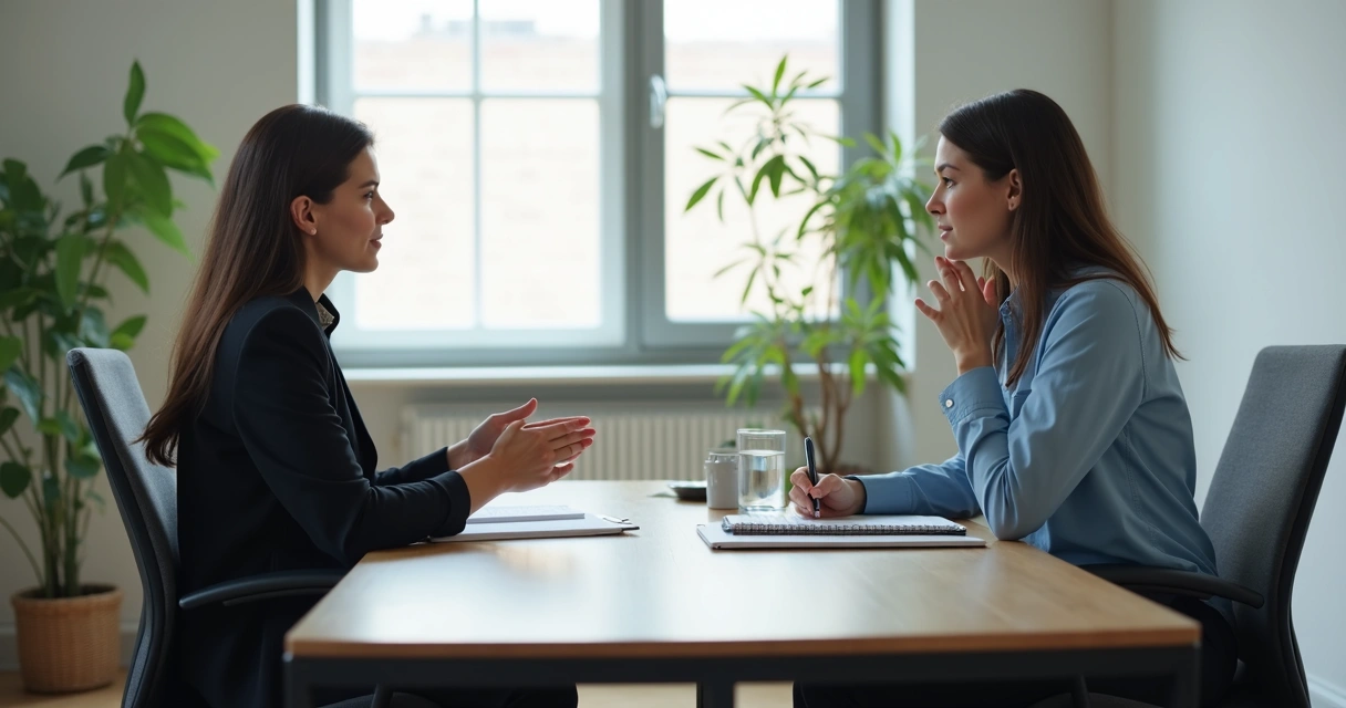 Duas pessoas em conversa séria e respeitosa em ambiente de trabalho 