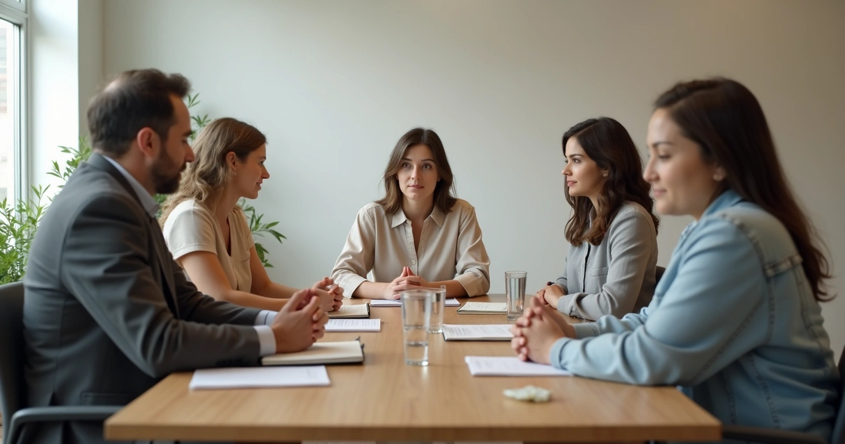 Grupo em conversa respeitosa ao redor de mesa