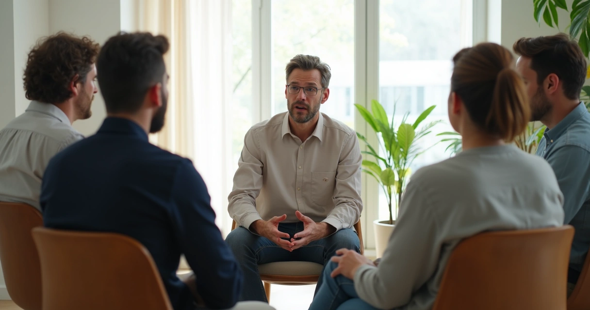 Grupo em conversa respeitosa em sala clara 