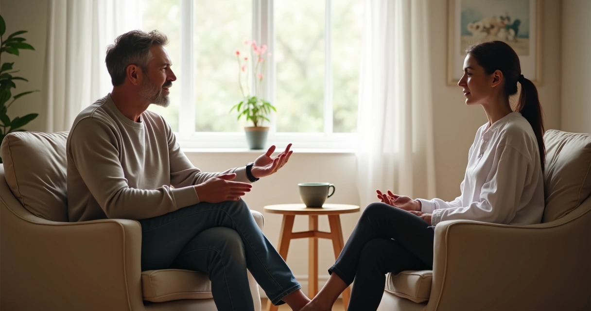 Duas pessoas sentadas em uma sala conversando com respeito, em ambiente leve 