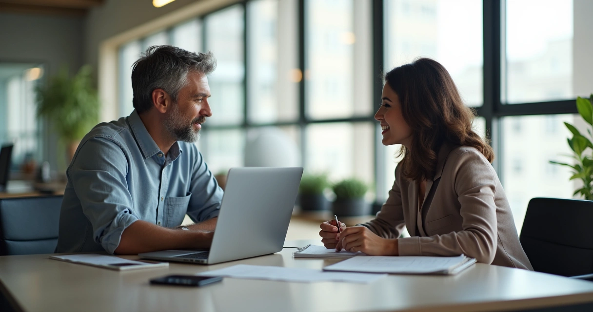 Duas pessoas conversando de forma respeitosa em uma mesa de trabalho 