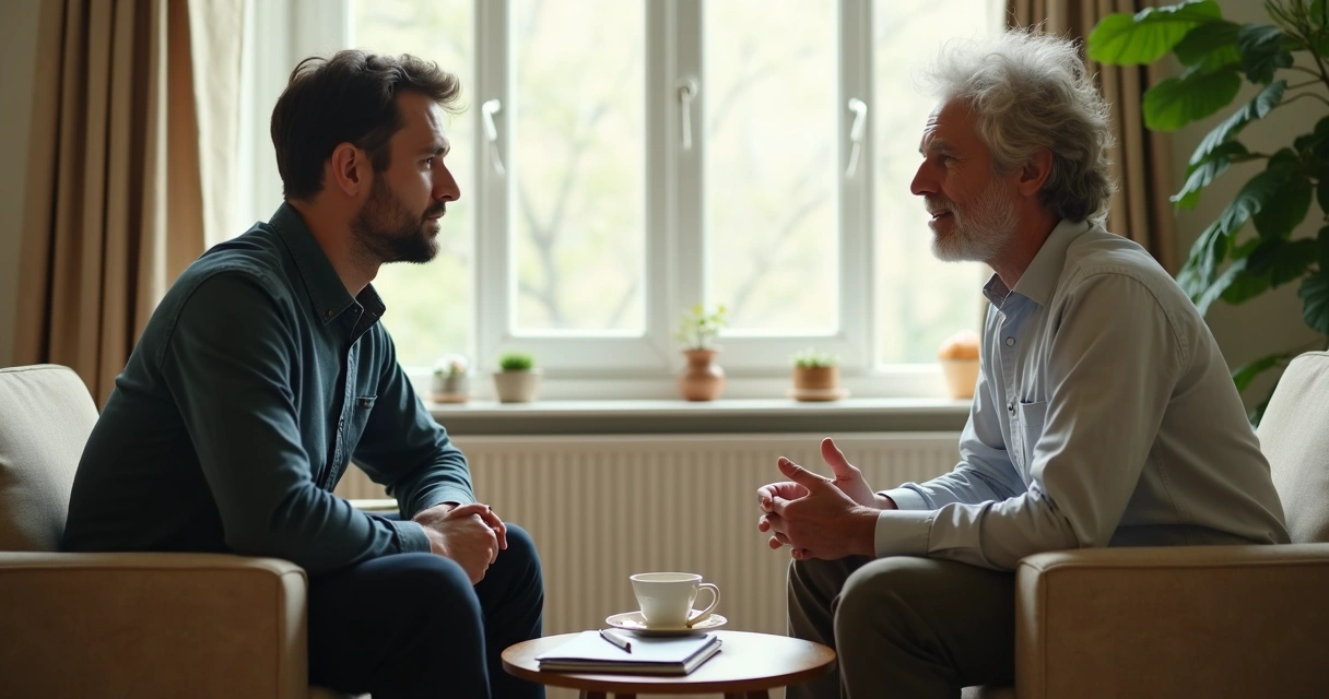 Duas pessoas em conversa respeitosa em ambiente calmo e iluminado 
