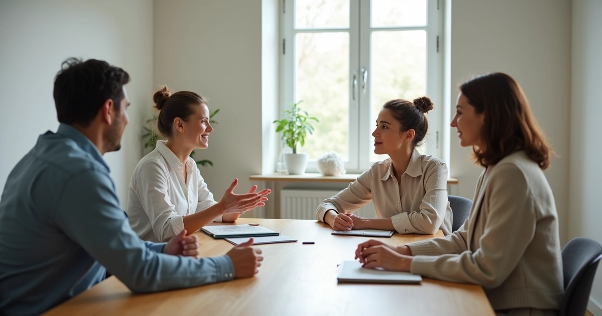 Pessoas conversando com calma em uma reunião