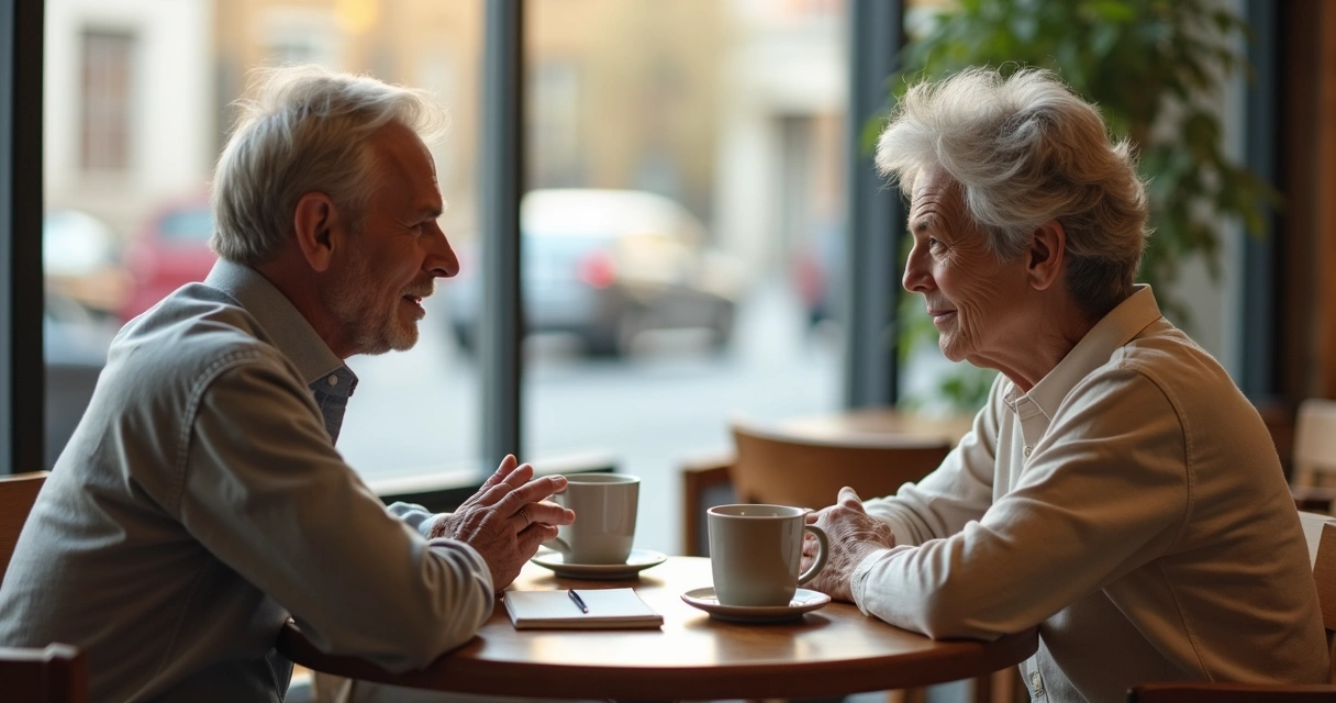 Duas pessoas dialogando com empatia em um café calmo 