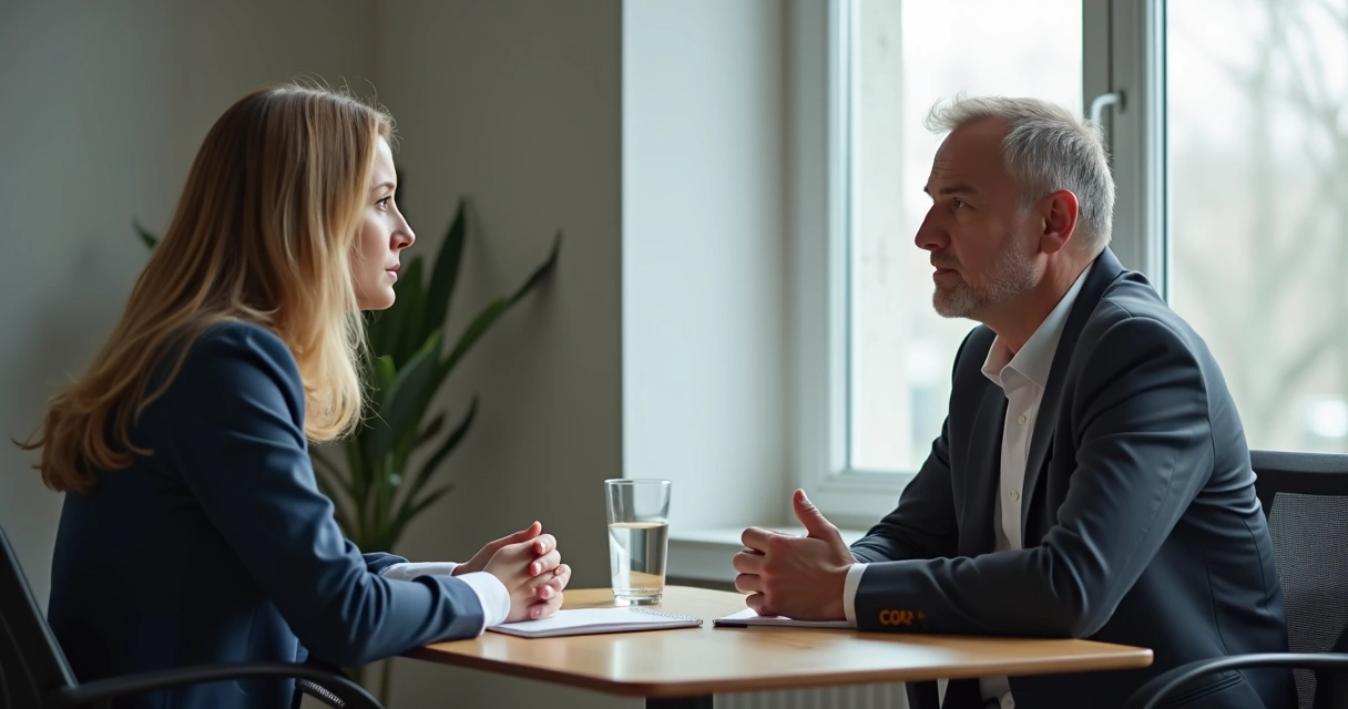Duas pessoas em conversa respeitosa com postura séria e ambiente profissional discreto 