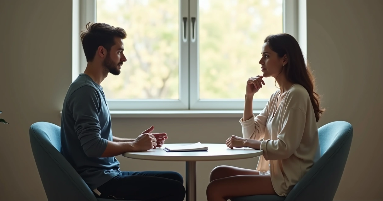 Duas pessoas em conversa calma com caderno sobre a mesa 