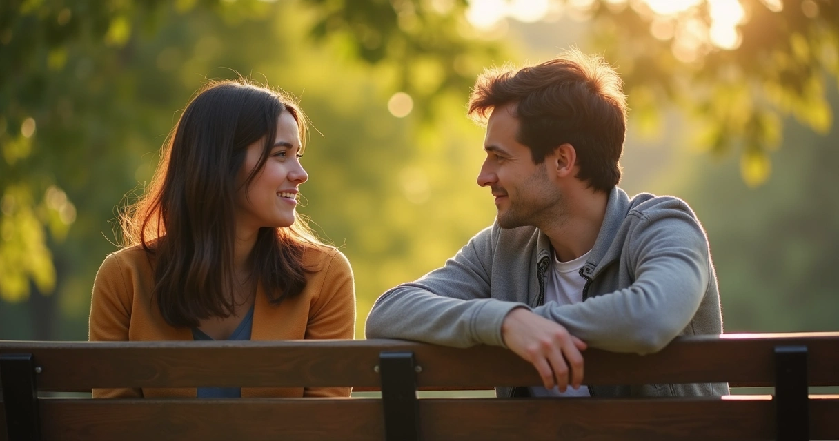 Dois amigos conversando sentados em um banco de praça, um escuta atentamente o outro 