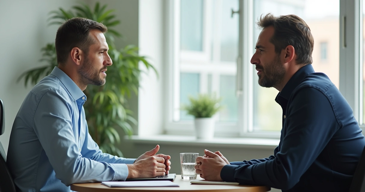 Duas pessoas em conversa séria e respeitosa em ambiente de trabalho