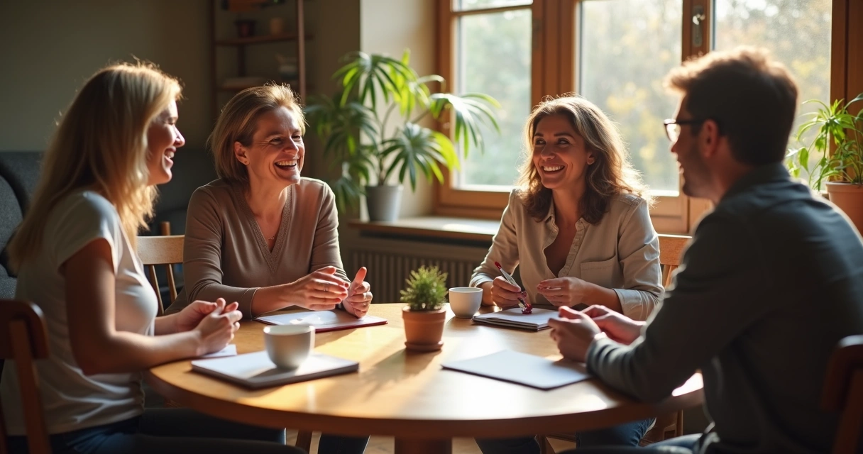 Pessoas reunidas em torno de uma mesa, sorrindo e conversando.