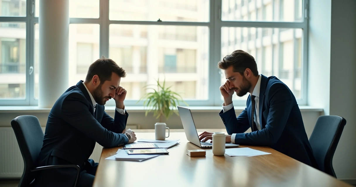 Duas pessoas conversando durante reunião de trabalho, uma aparentando cansaço, outra demonstrando postura dominante.