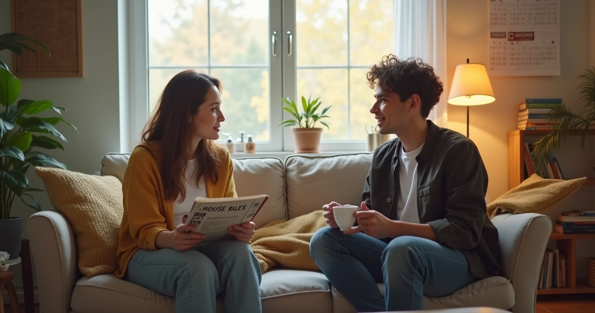 Duas pessoas conversando na sala de um apartamento compartilhado 