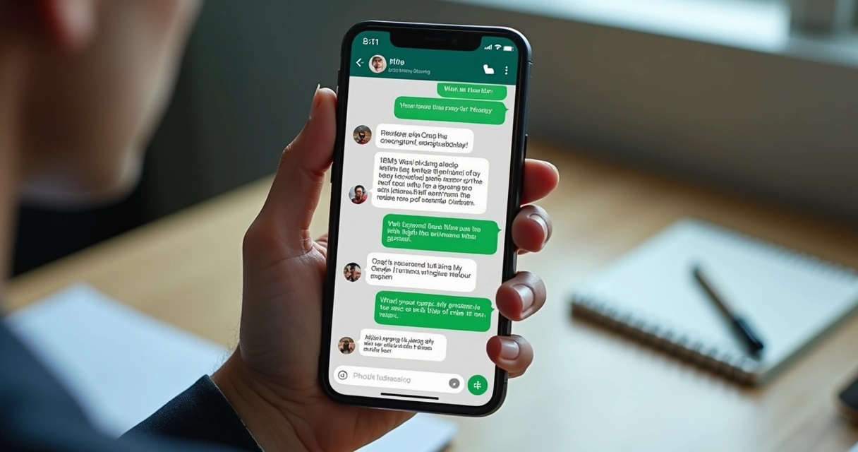 Tela de smartphone mostrando conversa de WhatsApp confusa, com mensagens longas e respostas atrasadas 