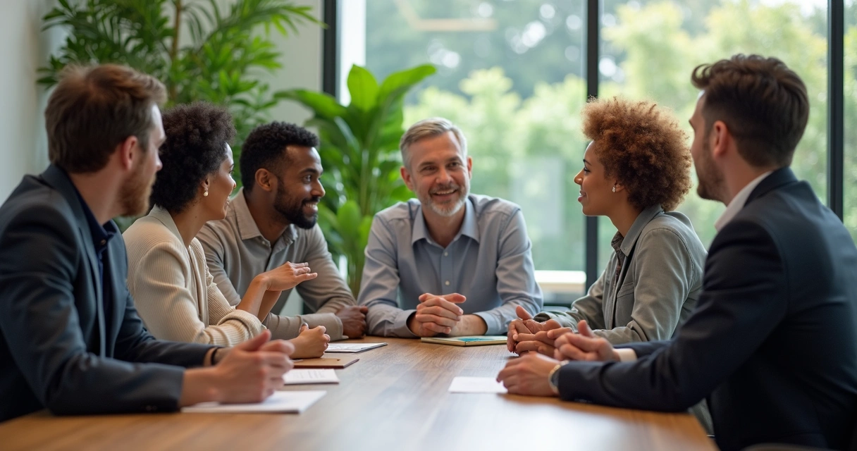 Equipes de trabalho conversando de forma respeitosa em mesa de reunião. 