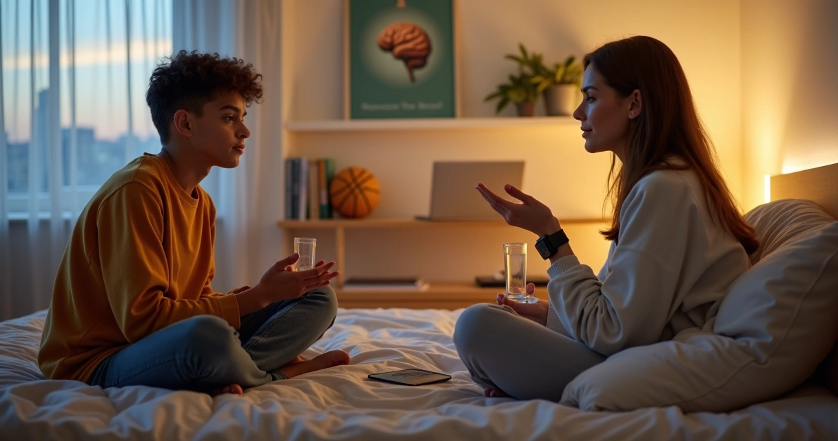 Mãe conversando sobre saúde com adolescente em quarto moderno 