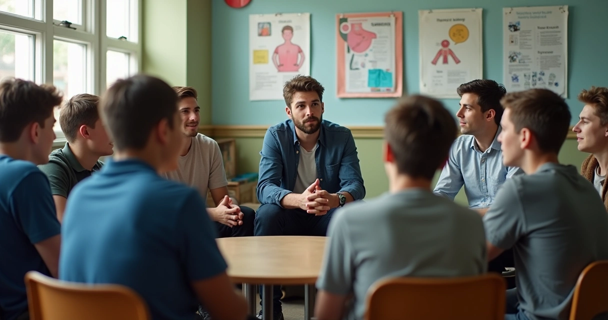 Roda de adolescentes e professor discutindo saúde sexual masculina 