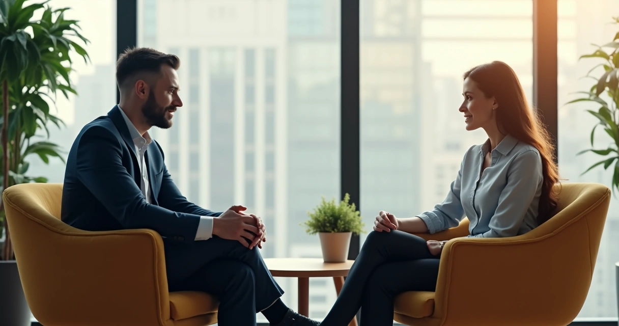 Líder conversando de forma empática com colaborador em ambiente corporativo. 