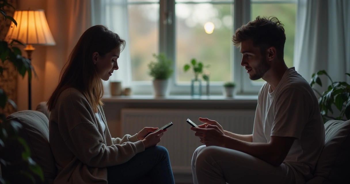 Duas pessoas conversando com tablets e smartphones em ambiente seguro e discreto 