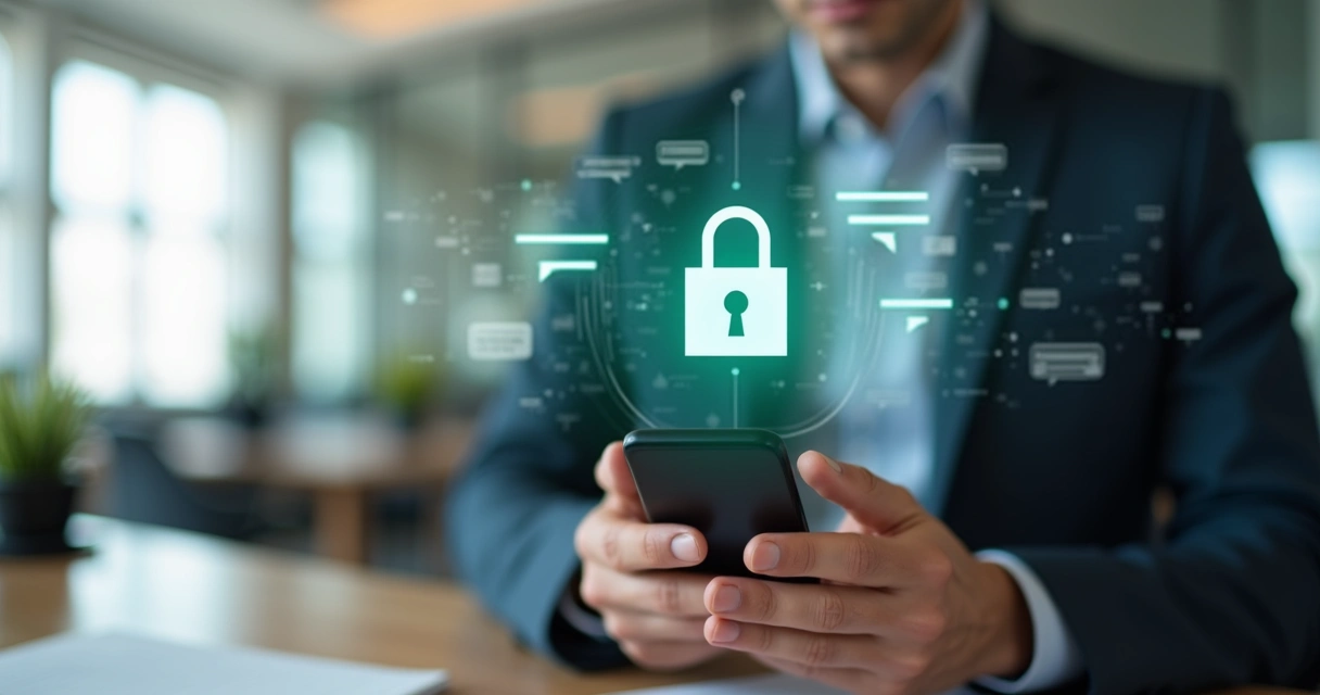 Ilustração de uma conversa segura no WhatsApp em um ambiente corporativo, focando em privacidade e proteção de dados. 