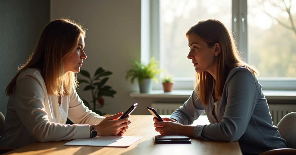 Pessoa com celular desligado participando de diálogo atencioso 
