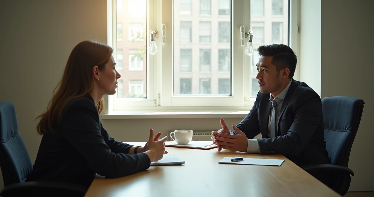 Duas pessoas sentadas em uma sala de reunião, conversando de maneira respeitosa 