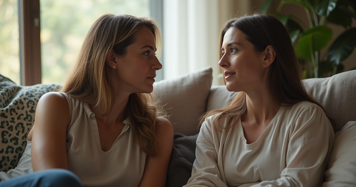 Duas mulheres conversando sentadas próximas com expressão séria e receptiva 