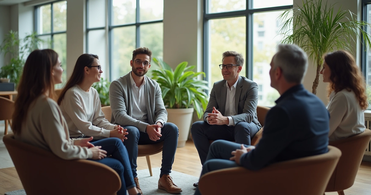 Equipe sentada em círculo, conversando com expressão de escuta ativa