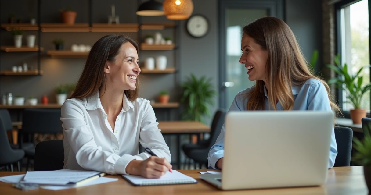 Dois colegas de equipe trocando feedback em ambiente de trabalho descontraído 