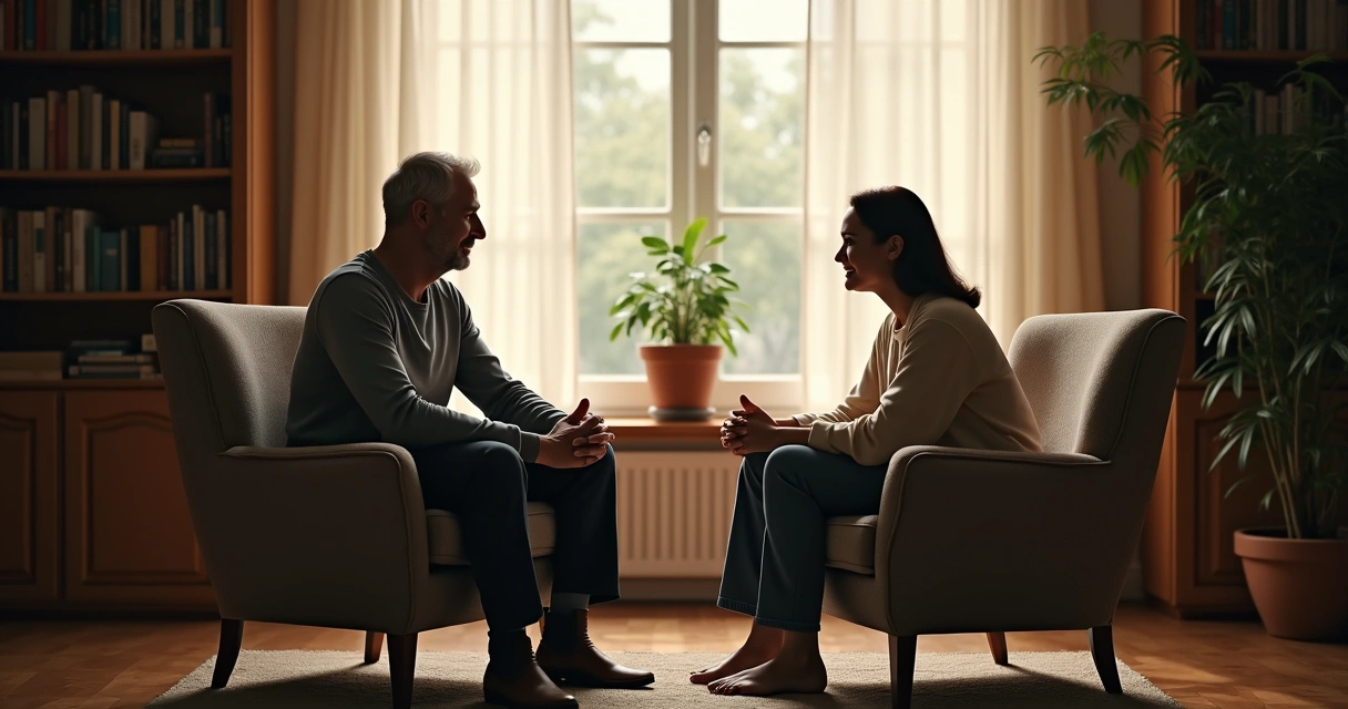 Duas pessoas conversando sentadas em cadeiras, expressando atenção mútua em um ambiente confortável 
