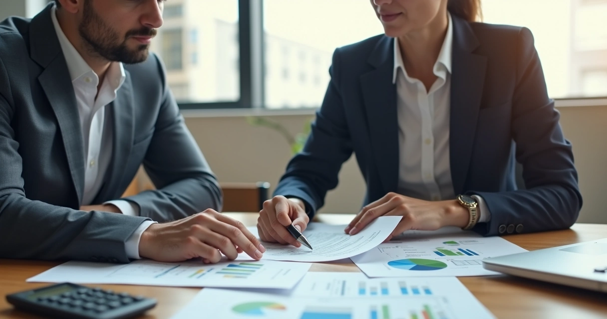 Duas pessoas conversando sobre planejamento financeiro em ambiente profissional 