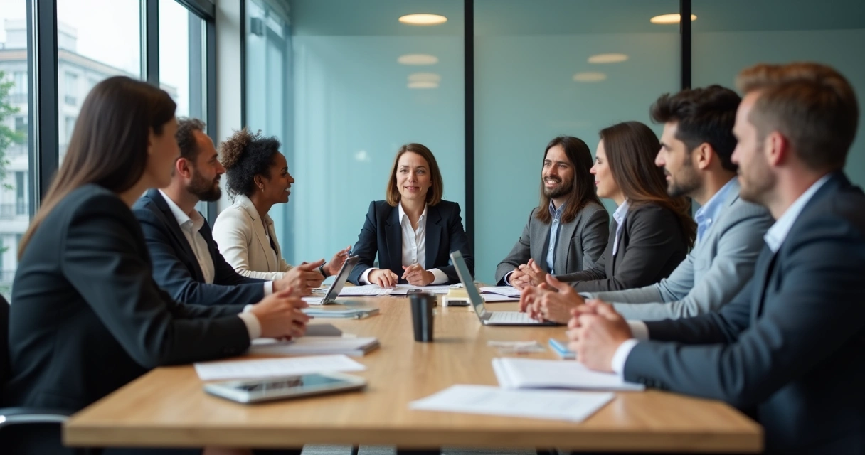 Grupo de profissionais conversando sobre ética em sala de reunião. 