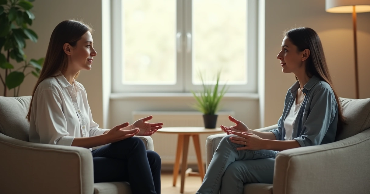Duas pessoas sentadas conversando de frente em uma sala neutra