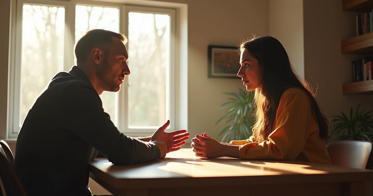 Duas pessoas sentadas à mesa, conversando com expressões sérias em ambiente iluminado por luz natural