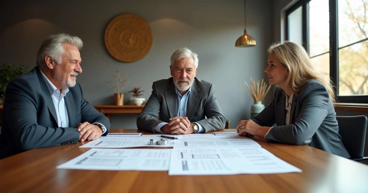Duas pessoas de família empresária em conversa séria analisando documentos de sucessão 
